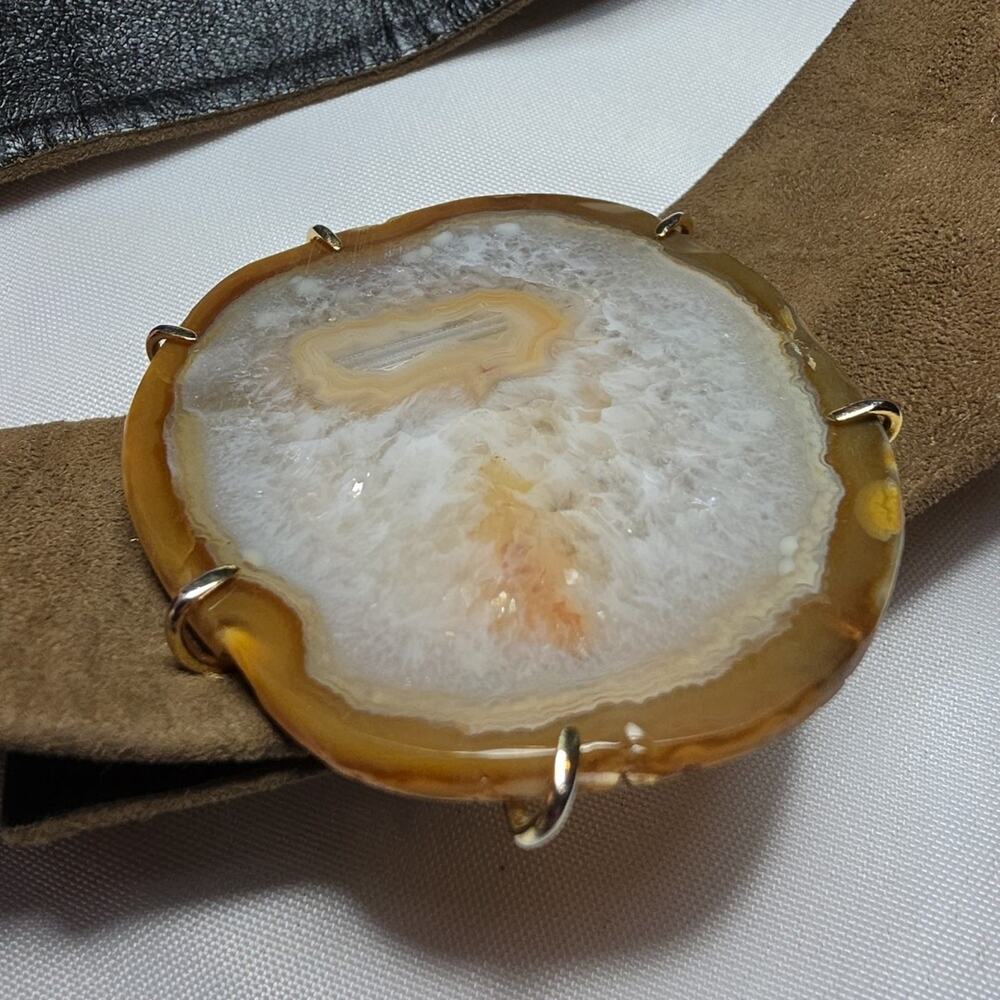 Vintage Abbe Creation Agate Stone Belt Buckle Brown Leather Belt Womens Size S/M